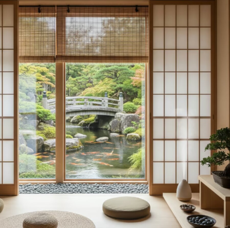 Zen-inspired spa room overlooking the koi pond